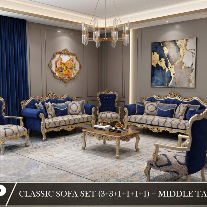 Classic 8-Piece Navy Blue & Champagne Gold Living Room Collection