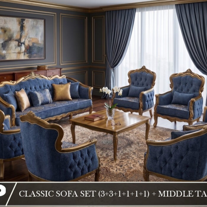 Classic 8-Piece Royal Blue & Gold Living Room Collection